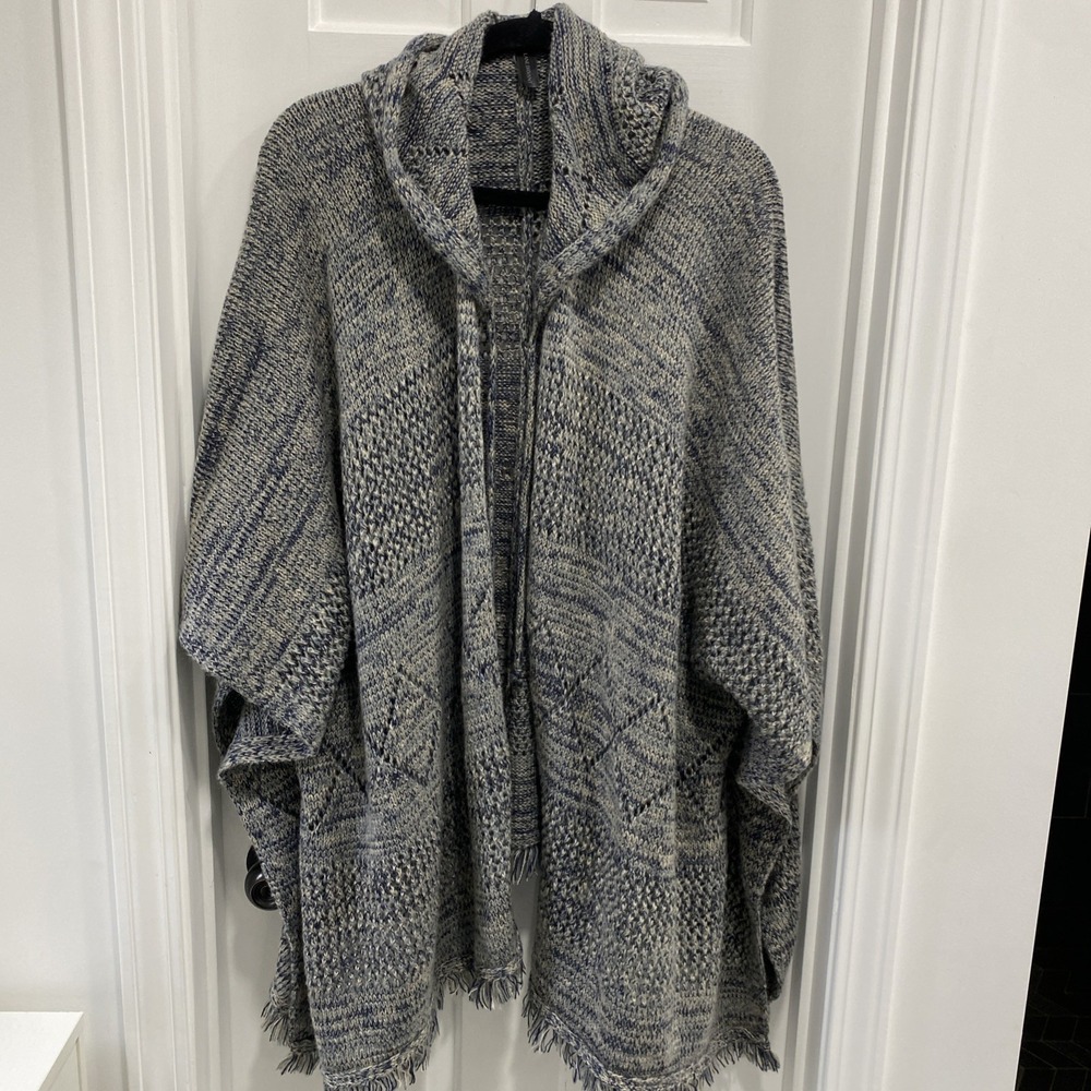Lane Bryant Short Sleeve Sweater Open Front HoodedCardigan Wrap Blue Fringe OSFM